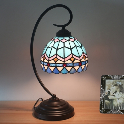 Domed Stained Glass Nightstand Lamp Tiffany 1 Head Yellow/Blue Night Lighting with Curvy Arm