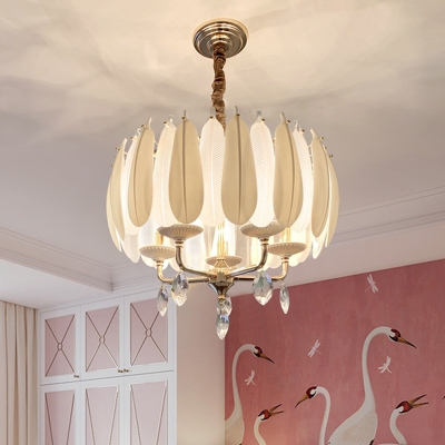 Feather Drum Bedroom Pendant Lamp Ceramic 5-Head White Chandelier with Crystal Drop