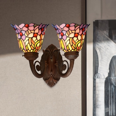 Flared Wall Mount Light 2 Bulbs Blue/Pink Glass Tiffany Sconce Lamp with Flower/Leaf Pattern