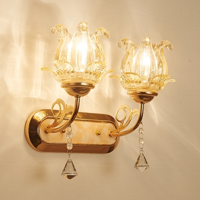 Floral Clear Glass Vanity Wall Light Traditional 1/2-Light Bathroom Wall Mounted Lamp in Gold with Crystal Drop