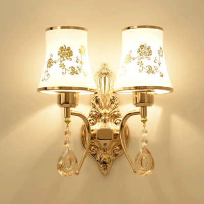 Frosted Print Glass Gold Wall Lamp Flared Shade 2 Bulbs Traditional Wall Mounted Light