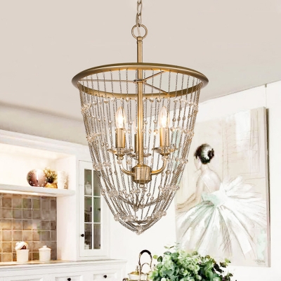 Gold 3 Bulbs Hanging Light Rustic Crystal Bead-Embellished Chain Chandelier for Dining Room