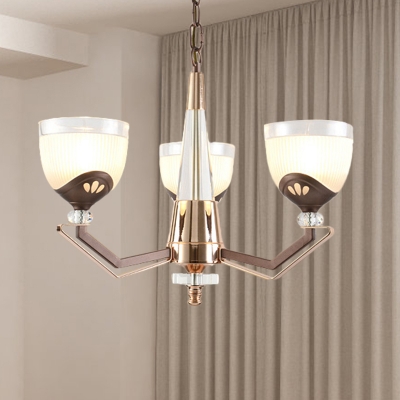 Gold Bowl Shade Chandelier Light Countryside White Ribbed Glass 3/6 Lights Bedroom Ceiling Pendant