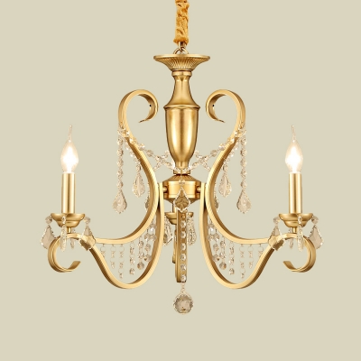 Gold Swirl Arm Candle Chandelier Rural Metal 3-Head Living Room Suspension Pendant with Crystal Stands