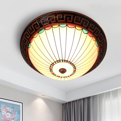 Half-Sphere Opal Glass Flush Light Vintage 2-Head Bronze Ceiling Mounted Lamp with Oriental Trim