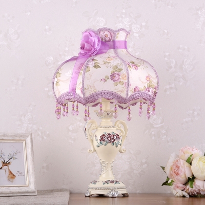 Head Table Lamp Patterned Fabric Pastoral Bedroom Night Light with Bowl Lampshade in Purple