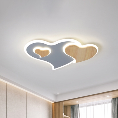 Heart Shape Flush Ceiling Light Nordic Acrylic LED Blue Flush Mount with Wood Decor