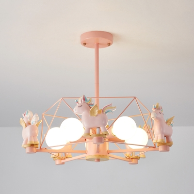 Horse/Flying Pig Shape Chandelier Light Cartoon Resin 5-Head Pink Finish Ceiling Hang Fixture with Pentagon Cage