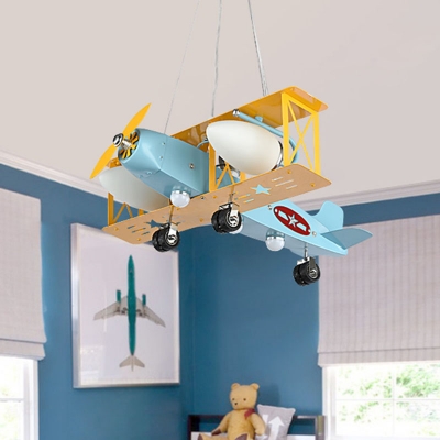 Iron Biplane Chandelier Lamp Kids Style 4 Bulbs Blue Pendant Light with White Glass Shade