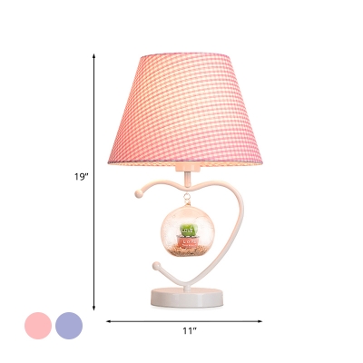 Kids Conical Desk Light Fabric 1 Head Study Night Table Lighting with Potted Plant/Boat Decor in Pink/Blue