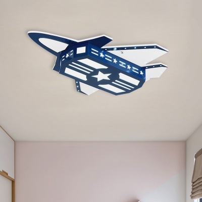 Kids Plane Wooden Flush Mount Light LED Close to Ceiling Lighting Fixture in Blue for Child Bedroom