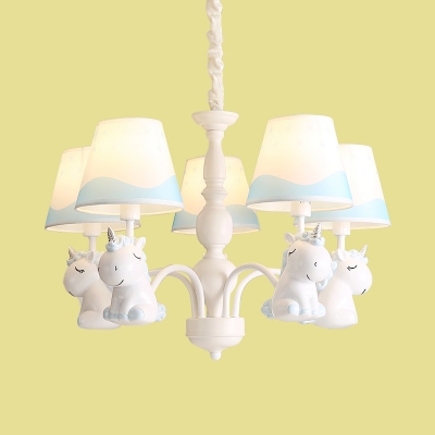 Kids Sleeping Unicorn Pendant Lamp Resin 5 Heads Bedroom Chandelier with Cone Shade in Pink/Blue