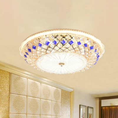 Latticework Bowl Dining Room Flush Mount Retro Crystal Blue and Gold LED Ceiling Light