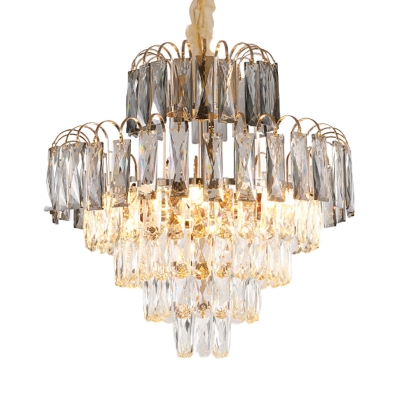 Layered Living Room Pendant Chandelier Clear Rectangular-Cut Crystal 10 Heads Contemporary Hanging Light Kit