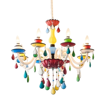 Macaron Candle Chandelier Iron 5/6/8-Bulb Kindergarten Drop Lamp with Teardrop Crystal Accent in Red-Yellow-Blue-Green