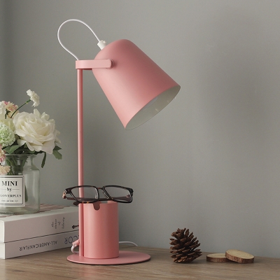 Macaroon Barrel Night Table Light Iron LED Bedroom Reading Lamp with Pen Container in Black/White/Pink