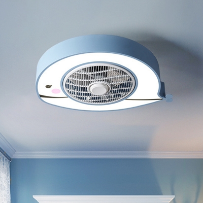 Metal Fish-Shape Ceiling Fan Light Macaron LED Semi Flush Mounted Lamp Fixture in Pink/Blue, 21.5