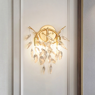 Mid Century Foliage Wall Light Kit 2 Lights Dangling Crystal Wall Mounted Lamp in Gold