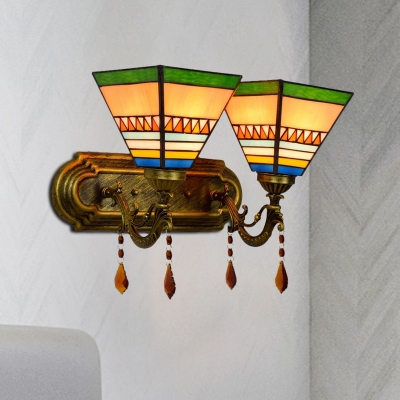 Mission Style Pagoda/Pyramid Wall Light 2 Bulbs Handcrafted Art Glass Wall Mounted Fixture in Brass