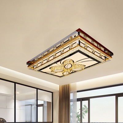 Modern Rectangle Ceiling Lighting LED Crystal Flush Mount Light Fixture in White for Living Room