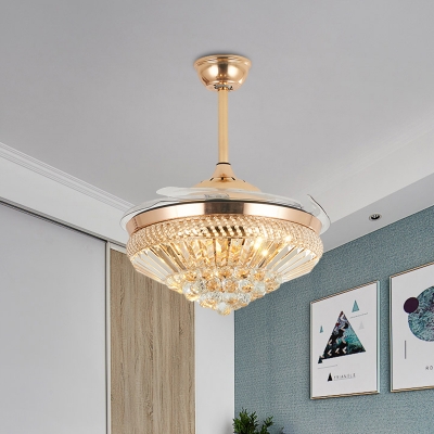 Modernism Conic Hanging Fan Light Faceted Crystal Living Room LED Semi Flush Mount in Gold with 5 Clear Blades, 19.5