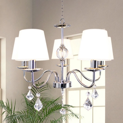 Modernism Curved Arm Pendant Lamp 5 Heads Metallic Candle Chandelier Lighting in Chrome with White Fabric Shade