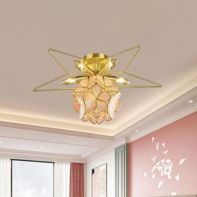 Modernist Flower Semi Flush Mount Pink/Green/White Glass 6-Bulb Bedroom Ceiling Light Fixture with Star Frame on Top in Brass