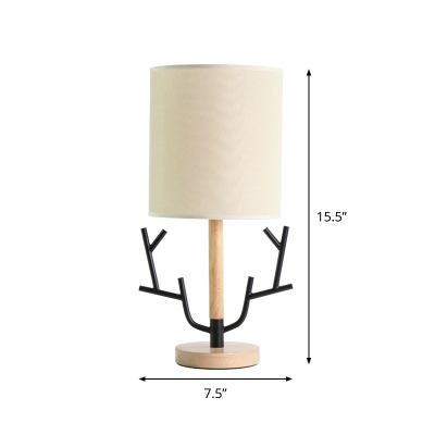 Nordic Barrel Shade Table Lamp Fabric 1 Bulb Bedroom Nightstand Light with Antler Ornament in Black-Wood