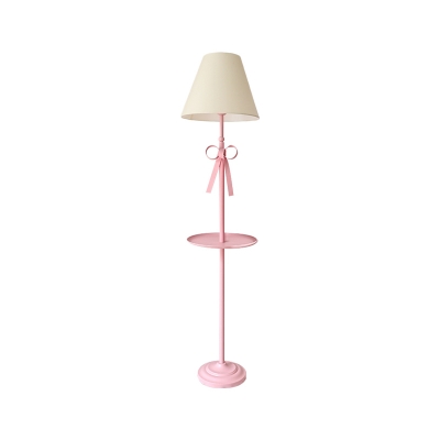 Nordic Conical Fabric Standing Light 1 Bulb Floor Lamp in White/Pink/Blue with Blue/Pink Bow and Plate for Living Room