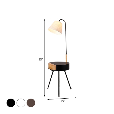 Nordic Style Cone Shaped Standing Light Fabric 1-Light Bedside Floor Lamp with Black/Grey/White Wood Drawer