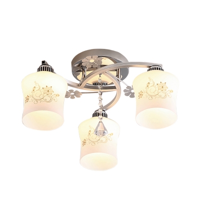 Opal Glass Chrome Ceiling Light Bloom 3 Bulbs Contemporary Semi Flush with Crystal Draping