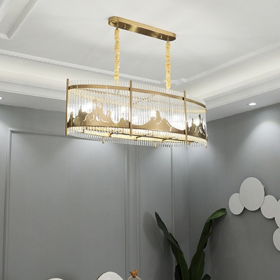 Oval Dining Room Island Lighting Contemporary Crystal 8 Bulbs Gold Pendant with Mountain Design