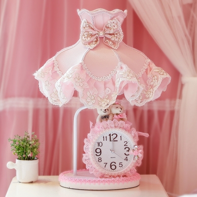 Pastoral Goffered Frill Night Light Single Fabric Table Lamp with Clock in Pink for Girl's Room