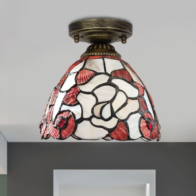 Peony/Rose/Floral-Edge Bell Flush Mount Single Bulb Shell Tiffany Ceiling Lighting Fixture in Beige/Pink/Red and White