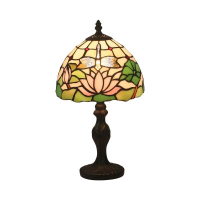 Red/Pink 1 Light Night Lighting Mediterranean Stained Art Glass Dome Shaped Nightstand Lamp with Rose/Lotus Pattern