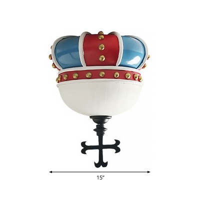 Resin Inverted Crown Flush Mount Kids Style 2 Bulbs Blue and Red Ceiling Light with Dome Milk Glass Shade