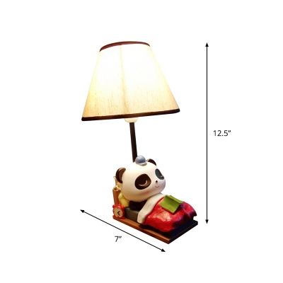 Resin Panda Nightstand Light Cartoon 1 Bulb Black and White Table Lamp with Cone Fabric Shade
