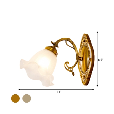Retro Scalloped Sconce Light Fixture 1 Bulb White Glass Wall Lighting in Brass/Bronze with Curvy Arm
