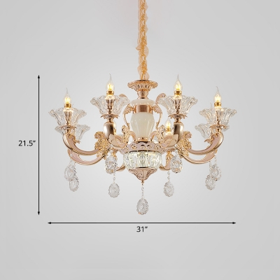 Rose Gold Candelabra Chandelier Antiqued Metal 6/8 Bulbs Bedroom Pendant Lighting with Flower Glass Bobeche
