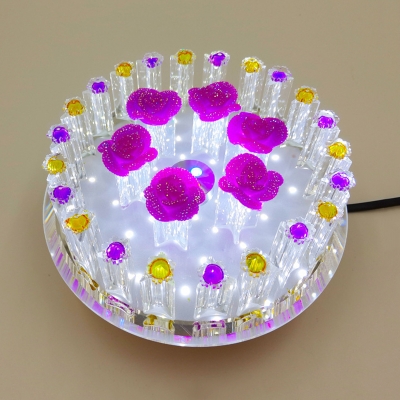 Rose Red LED Ceiling Light Modern Clear Crystal Circular Flushmount with Flower Decor in Warm/White Light
