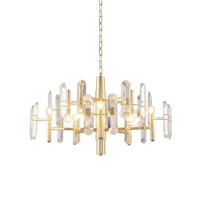 Simple Tiered Pendant Chandelier 8/10 Heads Clear Crystal Block Hanging Light in Gold