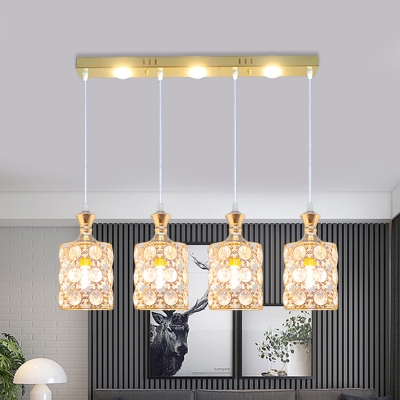 Simplicity 4 Lights Hanging Light Gold Cylinder Multi Pendant with Crystal Encrusted Shade