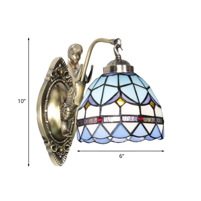 Single Kitchen Wall Light Tiffany Bronze Sconce Lamp with Spikelet White/Blue Grid Glass Shade
