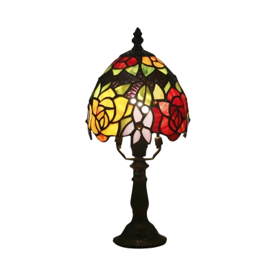 Stained Glass Dark Coffee Desk Lamp Bowl 1 Light Tiffany Table Light with Rose Pattern