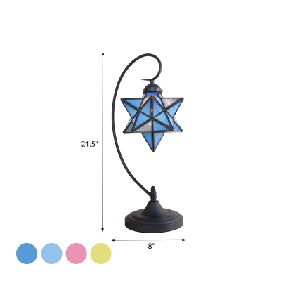 Star Night Table Lighting Tiffany Pink/Yellow/Light Blue Glass 1 Light Black Nightstand Lamp with Swirl Arm