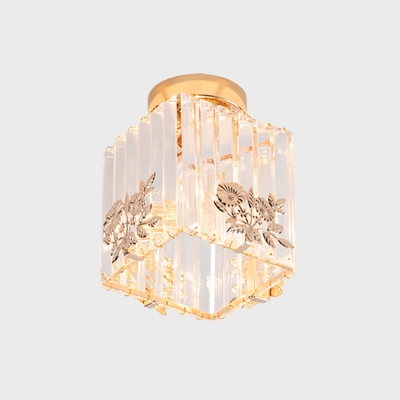 Strip Crystal Gold Semi Flush Light Flower Detailing Cuboid 1 Bulb Minimalist Close to Ceiling Lamp