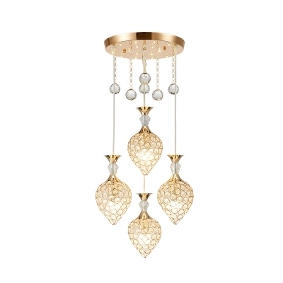 Teardrop Crystal Multi Light Pendant Simplicity 4 Bulbs Restaurant Drop Lamp in Gold