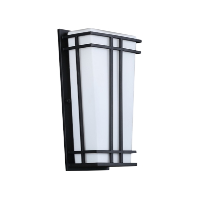 Textured Black Trapezoid Sconce Retro Opal Glass 1-Bulb Wall Lighting Fixture for Courtyard