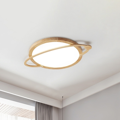 Thinnest Planet Orbit Wood Flush Mount Nordic Beige LED Ceiling Light Fixture with Recessed Acrylic Diffuser