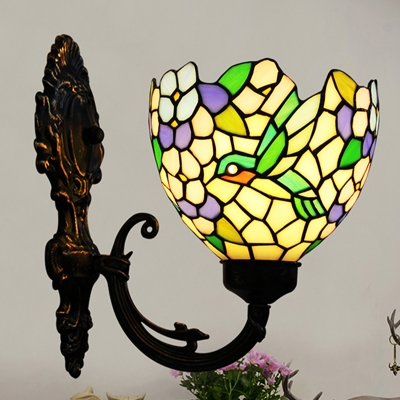 Tiffany Hummingbird Wall Lamp 1-Light Stained Art Glass Sconce Light in Bronze for Living Room